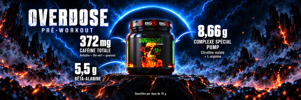 Pré-workout Overdose Big K : 372 mg de caféine totale, 5,5 g de bêta-alanine et complexe spécial Pump de 8,66 g par dose de 19 g.